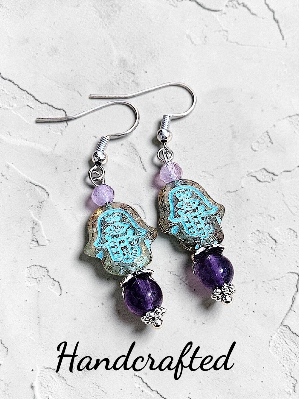 Hand Crafted Turquoise and Purple Czech Glass Hamsa Dangle Amethyst Earrings - Picture 3 of 11